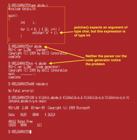 Compiling, linking and assembling ABCDE.COM (Click to enlarge)